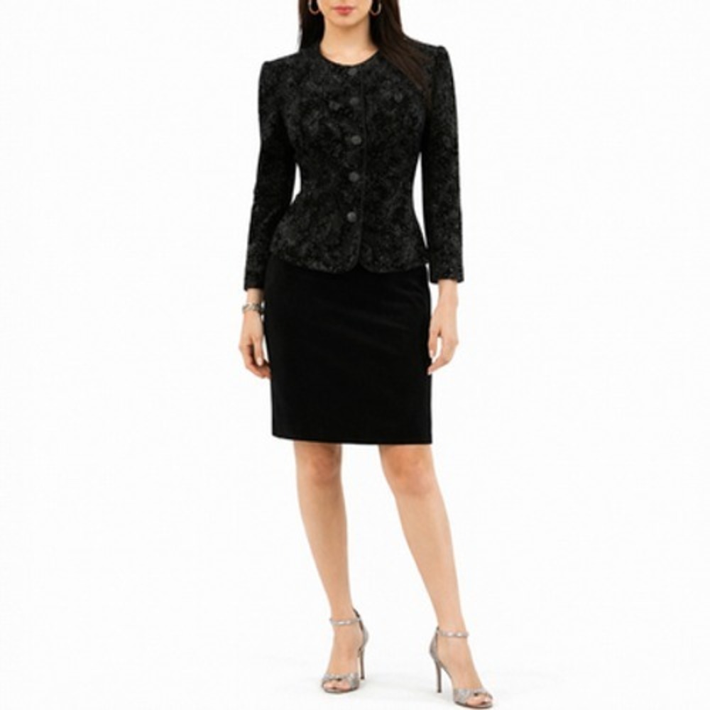 90s Vintage Black Velvet Pencil Skirt & Jacket Set Paisley Print Evening Suit M